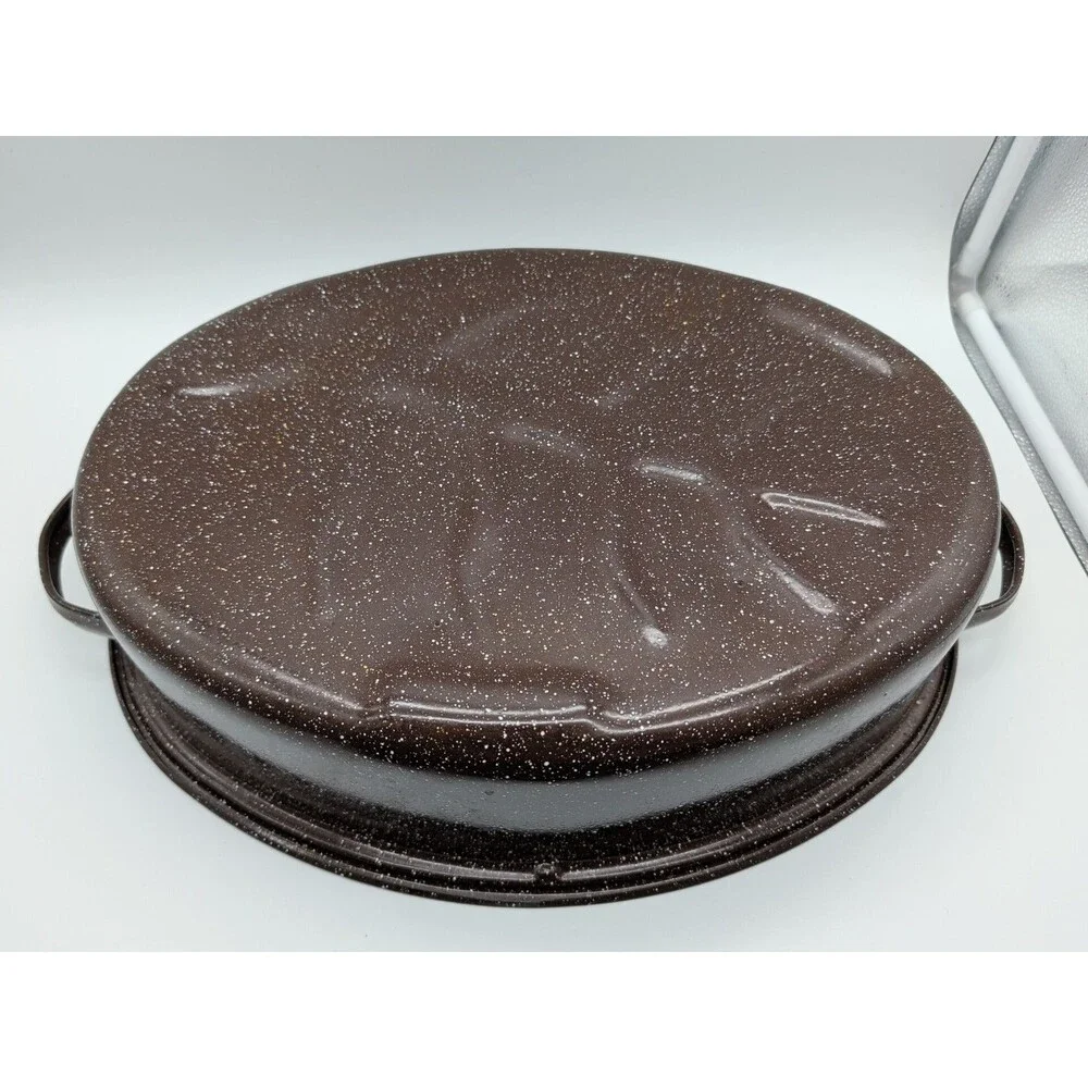 Graniteware Enamel Lrg Oval Oven VTG Brown Roast pan 16 x 12 x 4 in Lid USA